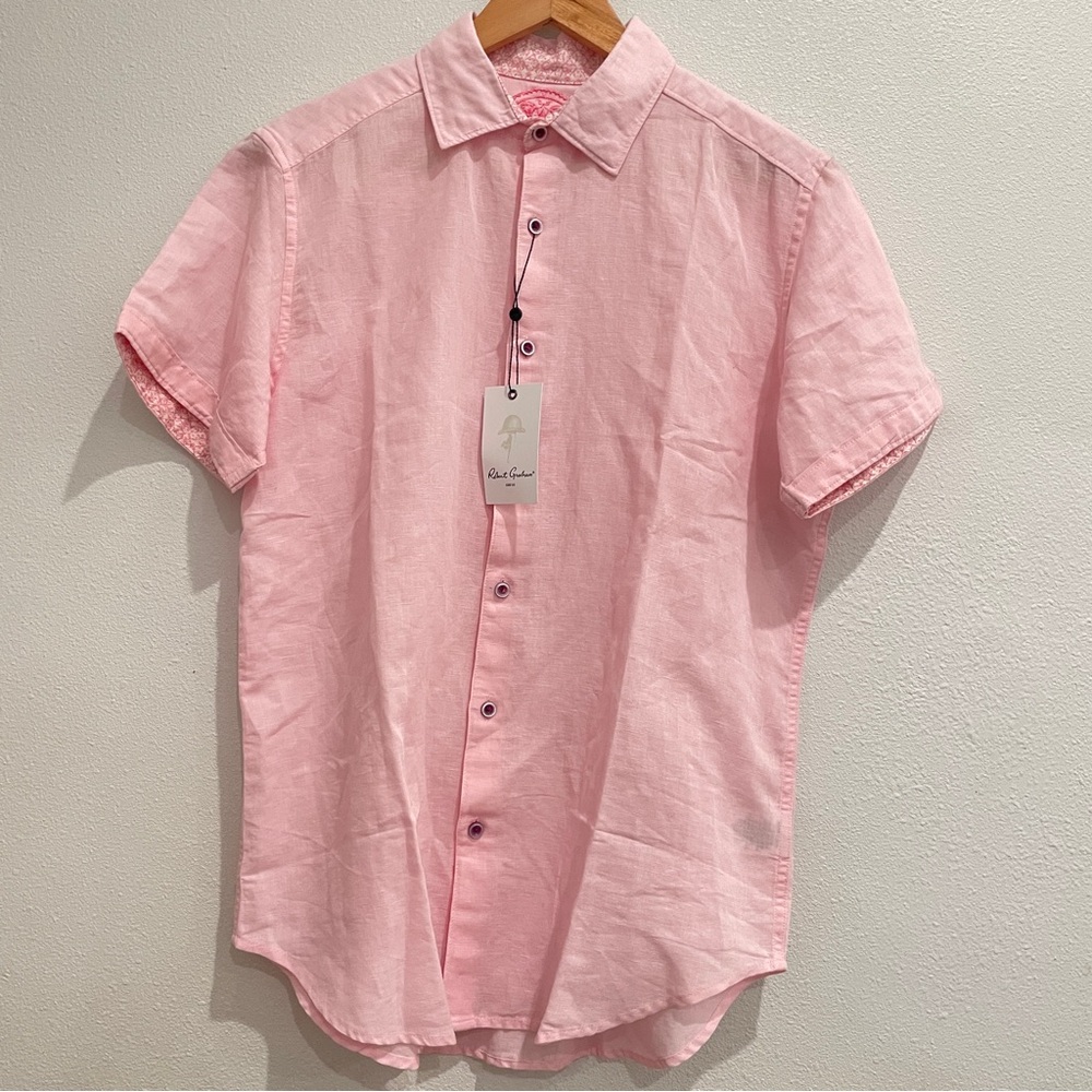 NEW Robert Graham Men's Size S Boris Pink Short Sleeve Button Up Shirt Linen - Picture 2 of 9
